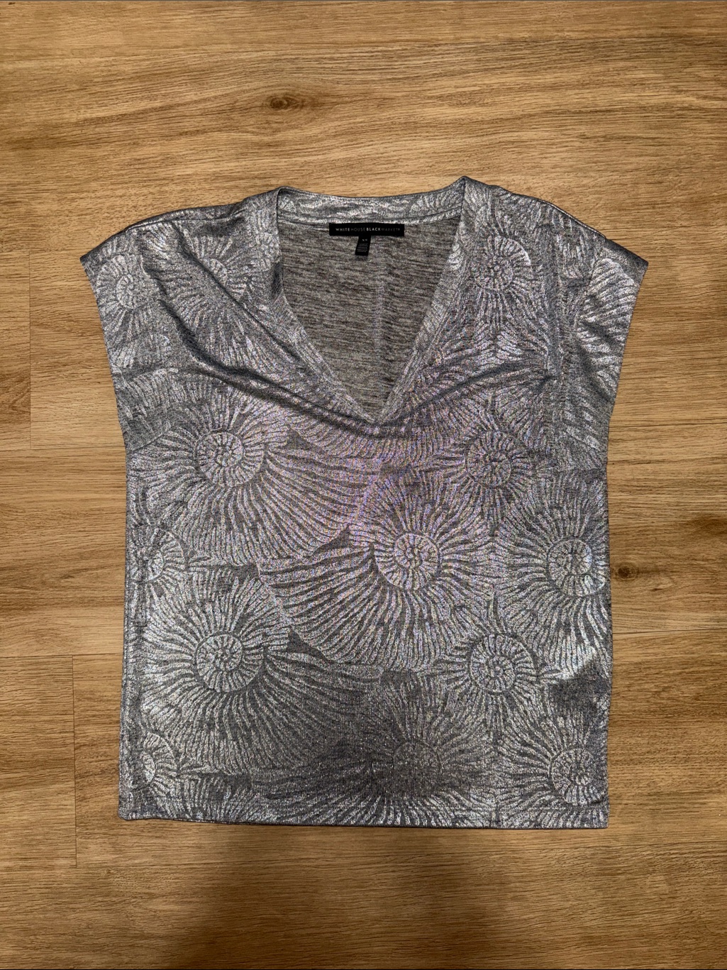 White House Black Market Silver Metallic V-Neck Short Sleeve Top